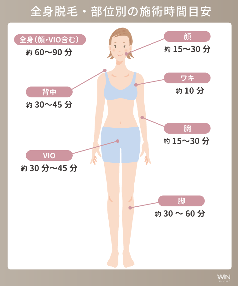医療脱毛の部位別・所要時間目安